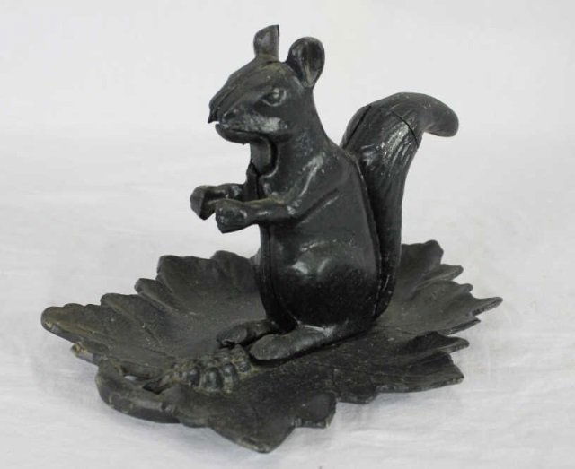 Large Table Figural Squirrel on Leaf Nut Cracker: Height 8 Inches Length 12 Inches