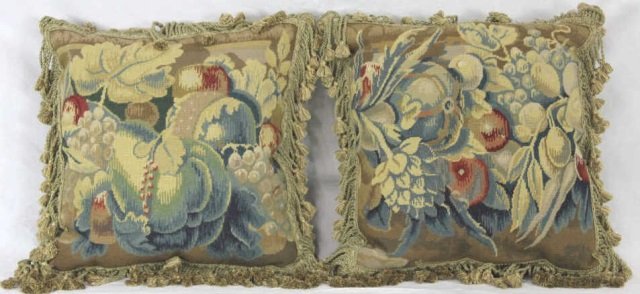 Pair Modern Needlepoint Tapestry Pillows w/ Fringe: 18 X 19 Inches