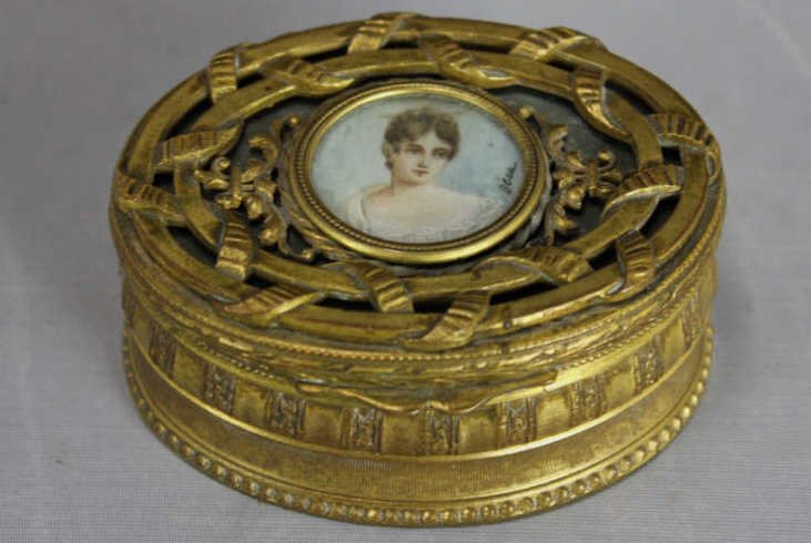 French Gilt Bronze Ormolu Portrait Miniature Box: Height 1 Inches Width 3 Inches Depth 2.5 Inches