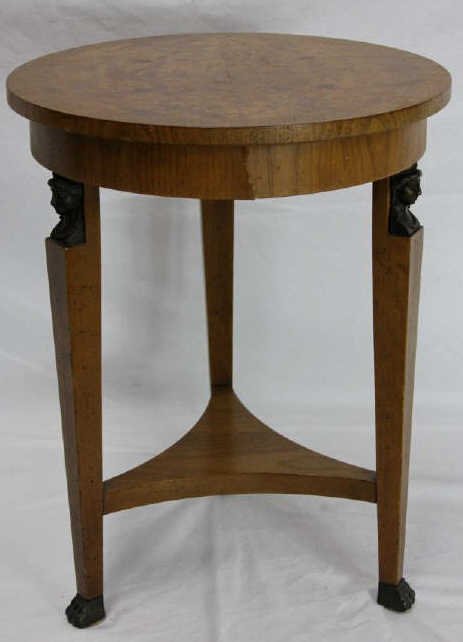 Beidermeier Circular Table w Egyptian Mounts: Needs some repair Height 20 Inches Diameter 16 Inches