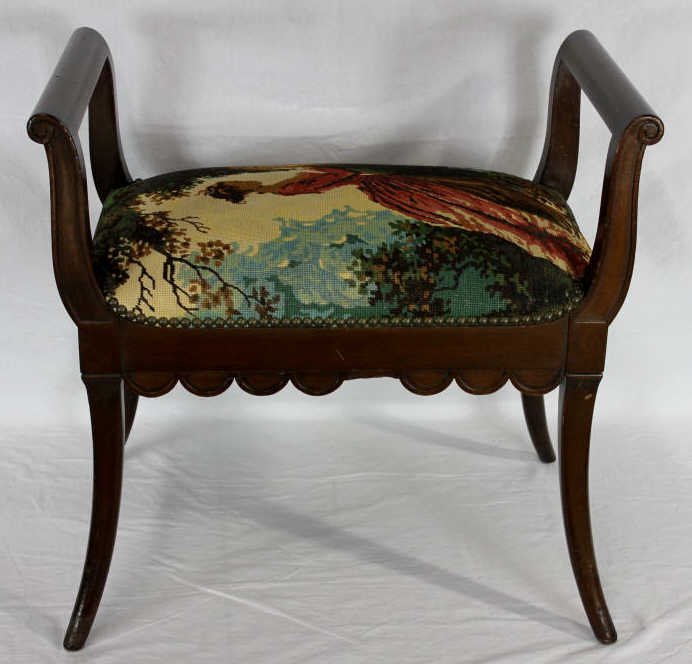 Antique Mahogany Bench w/ Fine Needlepoint Seat: Height 25 Inches Width 26 Inches Depth 17 Inches