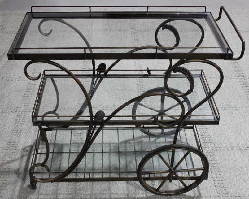 Contemporary Metal & Glass Rolling Tea Cart: Height 36 Inches Width 41 Inches Depth 19 Inches
