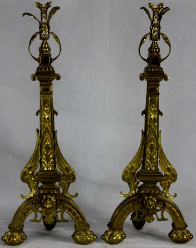 Large Antique Gilt Bronze French Andirons: Height 31 Inches Width 12 Inches Depth 9 Inches
