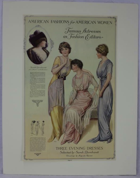 Antique Sarah Bernhardt Fashion Advertising Poster: "American Fashions for American Women - Three Evening Dresses Selected by Sarah Bernhardt" Measures 15 by 9.5 inches approximately, plus mat board.