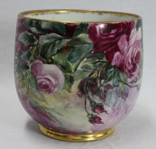 Large Antique Hand Painted Limoges Cache Pot: Height 8 Inches Diameter 8 Inches