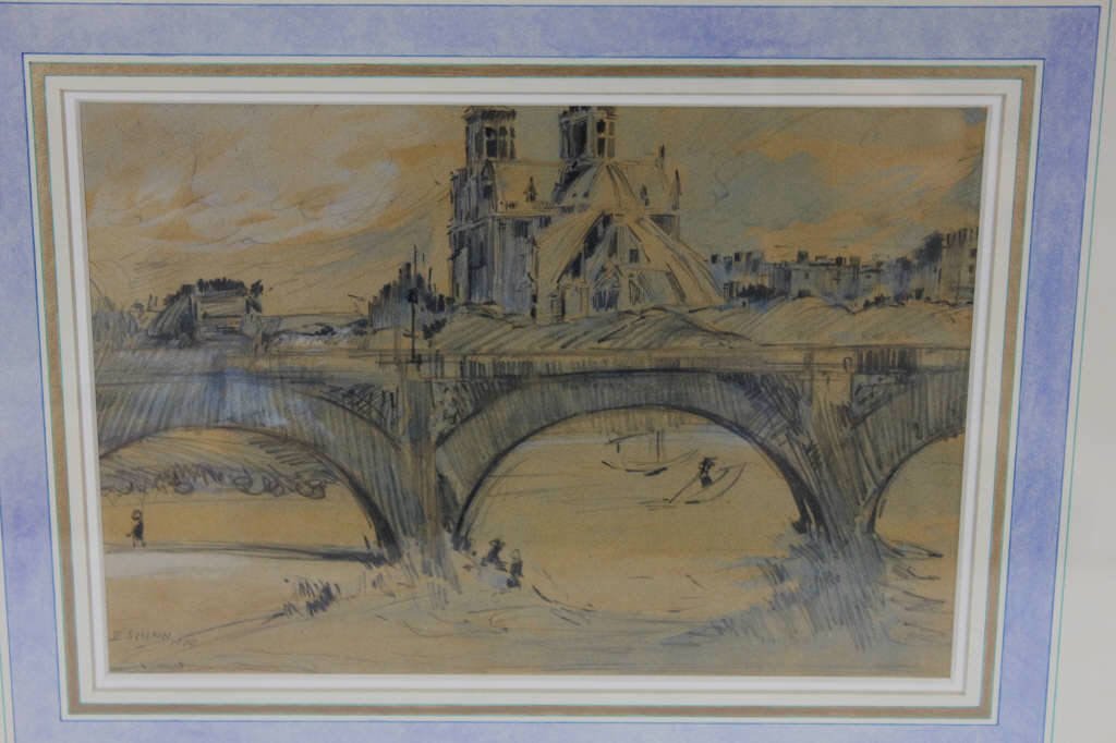Pastel - Pont Neuf - Signed E. Shinn 1900: Measures 7 by 10 inches. Signed E. Shinn, likely for Everett Shinn.
