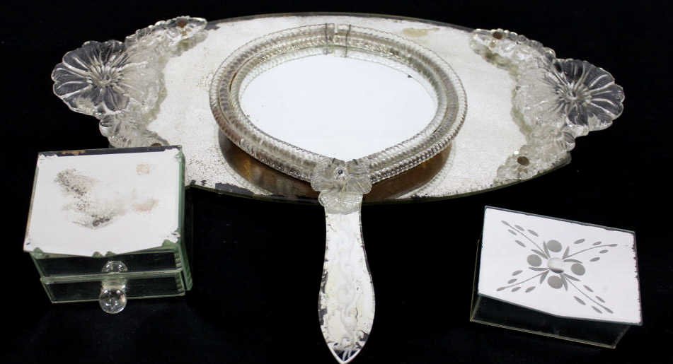 Collection Art Deco Venetian & Mirrored Vanity Set: Venetian Tray Length 18 Inches with 8 Inches Venetian Hand Mirror Length 12 Inches Two Art Deco Boxes 3 Inches 1.5 Inches