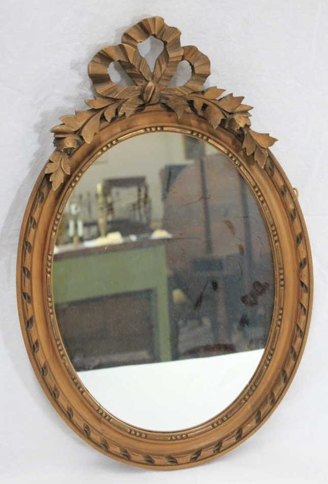 Antique French Rococo Oval Ribbon Top Mirror: Height 22 Inches Width 14.5. Inches