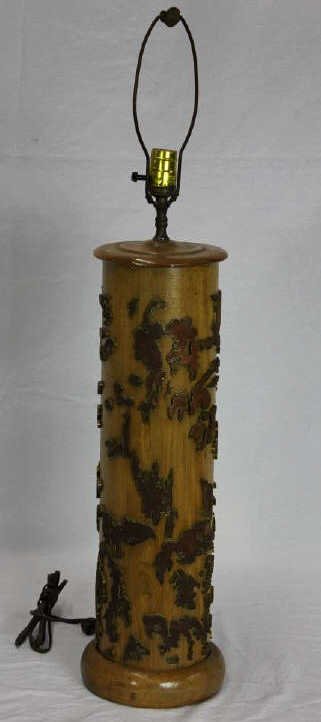 Antique Chinese Wallpaper Roller Mounted as Lamp: Height 30 Inches Width 7 Inches