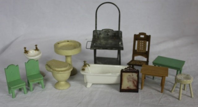 Large Lot of Antique & Vintage Dollhouse Furniture: Height of Metal Wash Stand 7"