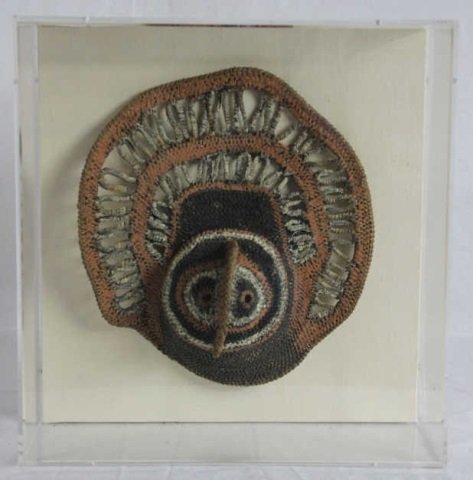 Antique African Woven Mask Museum Mounted: Height 14". Width 13". Depth 5.5".