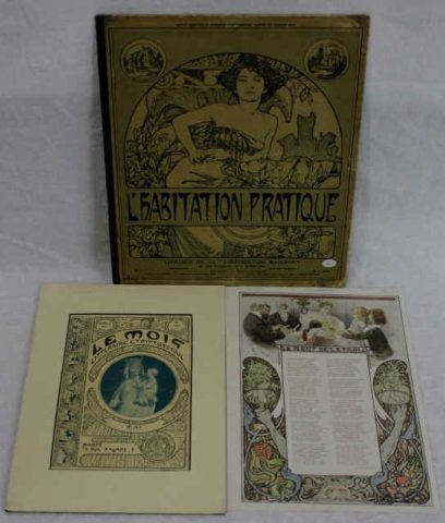 3 Period Art Nouveau Illustrations Alphonse Mucha: Le Bout De La Table, Le Mois Litteraire Et Pittoresque Annee 1911 No. 149, & L'habitation Pratique - Librairie De La "Construction Moderne." Largest measures 16 by 12 inches.