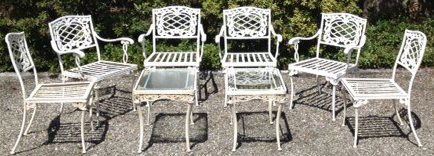 Brown Jordan Elegance Line 6 Chairs & 2 Tables: Retail price of $12,000. Four arm chairs, two side chairs and two tables.