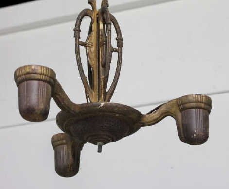 Three Arm Period Art Deco Antique Chandelier: Needs rewiring. Diameter 14 Inches