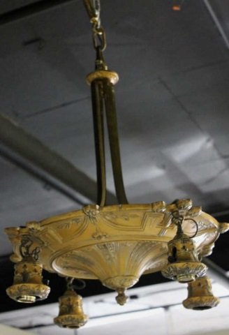 Period Art Deco 1920-30s Antique Chandelier: Made By Biltmore Lighting Co. NYC Original Mica Shades Height 20". Diameter 20".