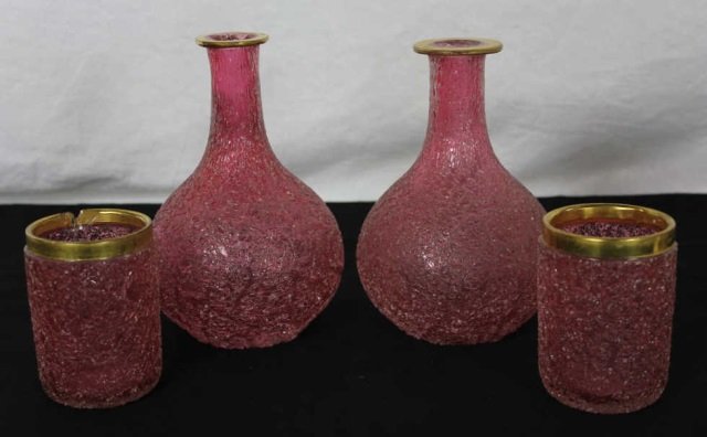 Antique French Crackle Glass Vanity Set: 1 Bottle & 1 Tumbler with Chips 1 Bottle & 1 Tumbler, Perfection Condition Height 7.5"