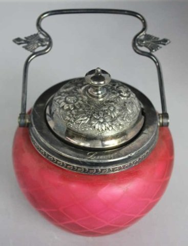 Antique Victorian Satin Glass Silver Plate Caster: Height 5". Diameter 4.5"