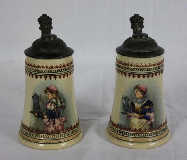 Pair Antique Hand Painted German Steins: Each With Handpainted Miniature on Front Height 7"