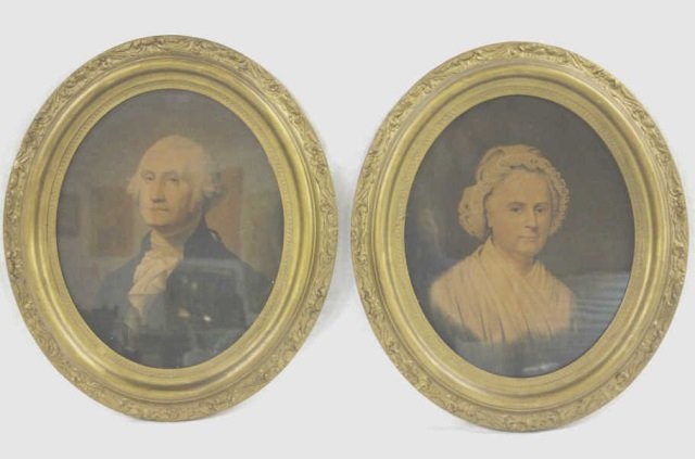Antique Martha George Washington Framed Portraits: 22" Oval Height.