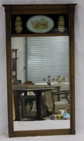 French Trumeau Hand Painted Mirror: Reversed Painted on Glass Musical Instruments. Height 36" Width 20"