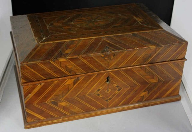 Antique Large Scale English Marquetry Inlay Box: Height 7" Length 12" Depth 8.5"