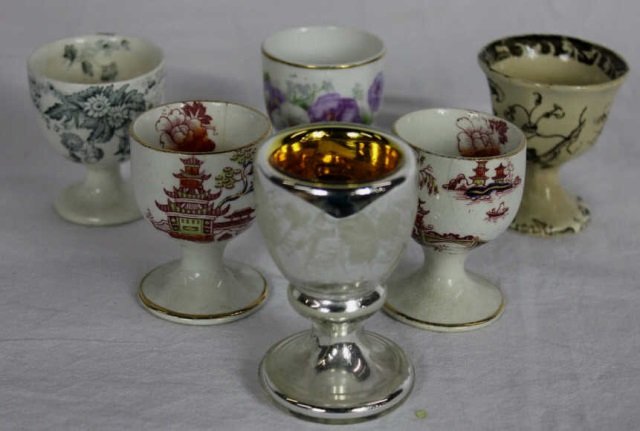 6 Antique English Egg Cups: Transferware, Porcelain & Mercury Glass Tallest 3"