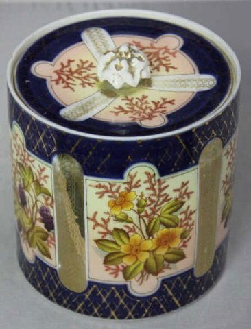 Dresden German Antique Biscuit Jar: We believe the mark is for a German maker. Height 5 Inches Diameter 5 Inches