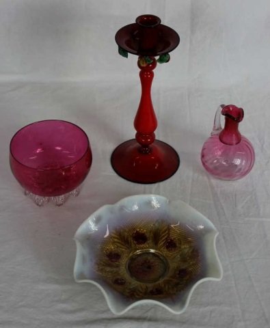 Antique American Cranberry Glass: with blown glass candle stick Diameter of bowl 8.5"