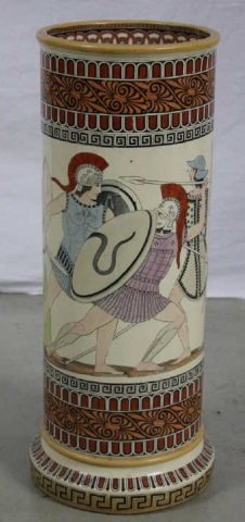 Porcelain Umbrella Stand Ancient Greek Motif: Height 24". Diameter 9".