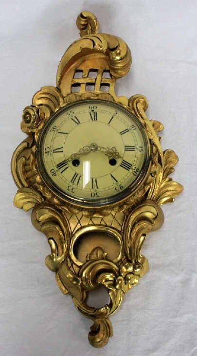 Antique Gilt Carved Wood Swedish Wall Clock: Height 22 Inches Width 11 Inches Depth 5 Inches