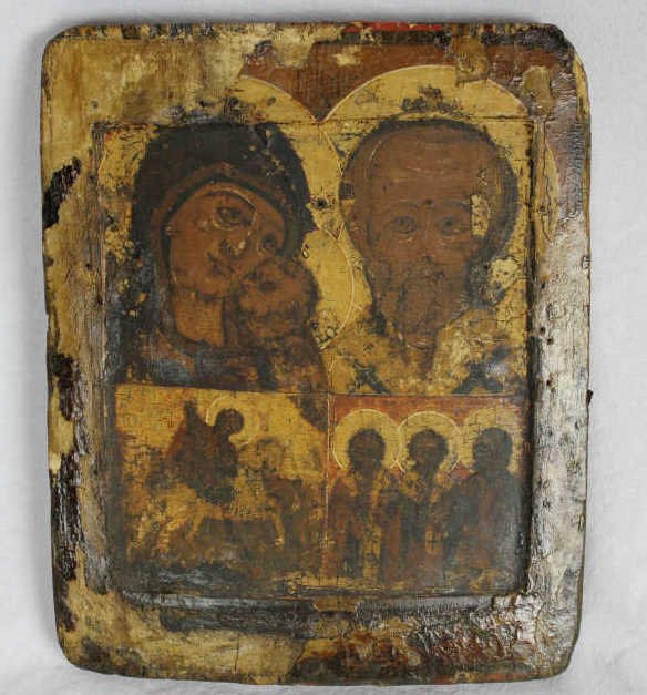 Early Russian Icon Painting on Board: Late 16th or early 17th century. Height 11 Inches Width 9 Inches