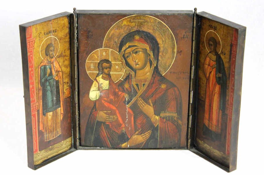 Russian Icon Triptych "Three Hands" Late 19th Cent: "Theotokos" Icon. Late 19th or very early 20th century. Height 11.5 Inches Width 16.5 Inches