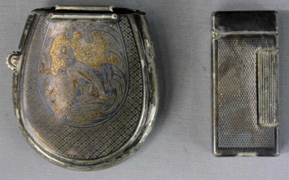 2 Sterling Silver Lights Dunhill & Russian Niello: One marked DUNHILL, second possibly Russian by Niello. Estate of Warren Dieter Zander.