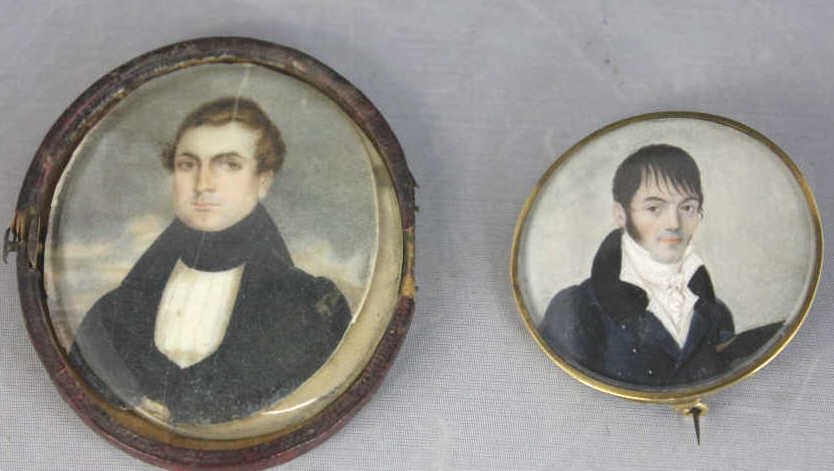 Two Antique Portrait Miniatures on Ivory: Property of a Manhattan Estate. Larger of the two measures 3 inches by 2.5 inches.