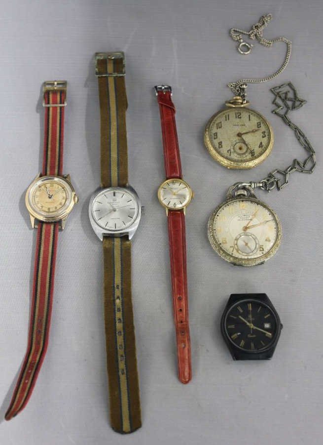 Antique & Vintage Wrist & Pocket Watches: Wrist watches by Brichot, Tissot, Christ, Movado. Pocket watches by Illinois Master 17 and Waltham. Estate of Warren Dieter Zander.