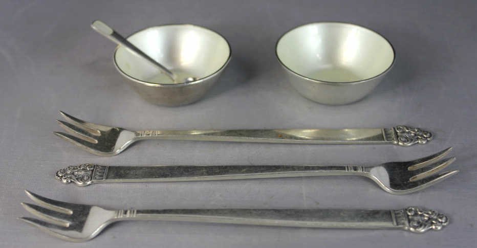 Michelsen Denmark Sterling & Marthinsen Norway: Property of a Scarsdale, NY Estate. 2 Michelson Sterling Salt Cellars w. Spoon. 3 Marthinsen Norway Forks