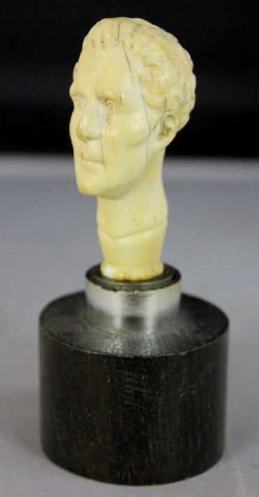 Antique Continental Carved Ivory Bust Handle: Property of a Manhattan Estate. Handle for cane mounted on stand. Height 4.25 inches.