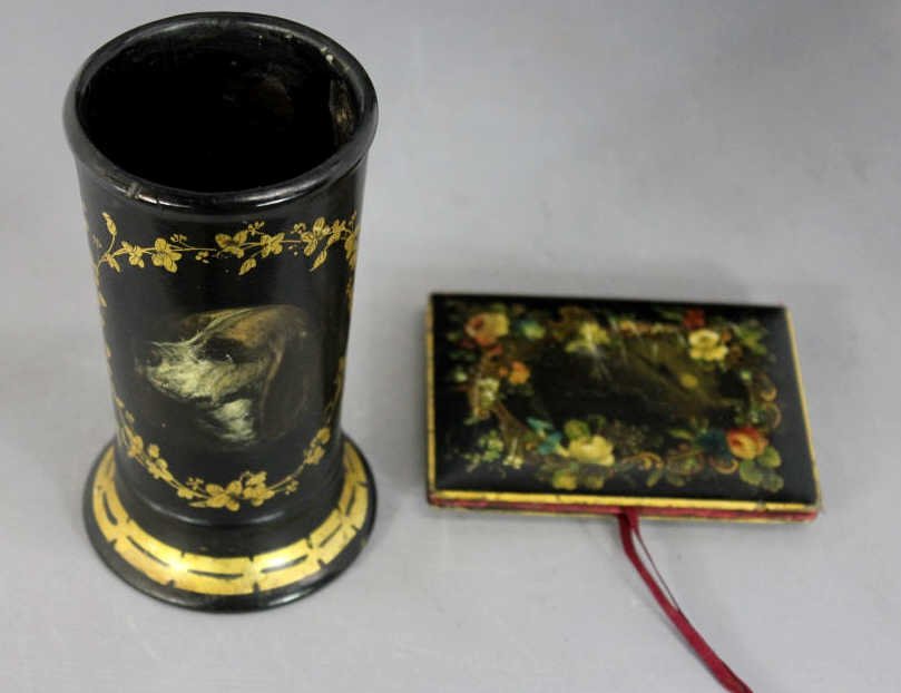 2 Antique Continental Papier Mache Articles: Property of a Manhattan Estate. Each with hand painted decoration. Height of vase 5 inches. Length of purse 4 inches.