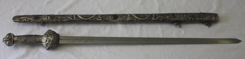 Chinese Metal & Stone Sword Signed: Property of a Monticello NY Estate. Length 38 inches.