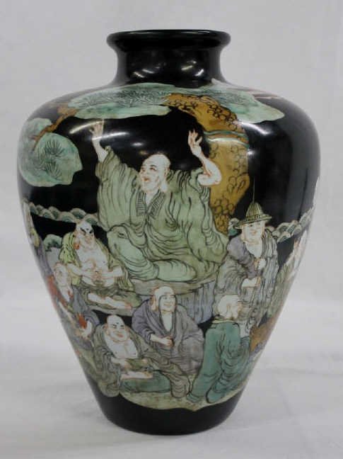 Large Chinese Five Color Jar w/ 18 Buddhas: Height 14.5" Width 13"