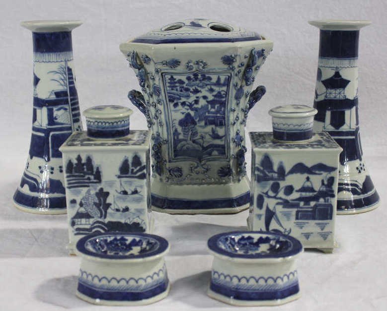 Collection of Chinese Canton Style Porcelain: Pair of Candlesticks, Pair of Tea Caddies, Pair of Salt Cellars, Large Vase w. Frog. Large Vase, Height 9.5 inches. Width 8 inches. Depth 8 inches.