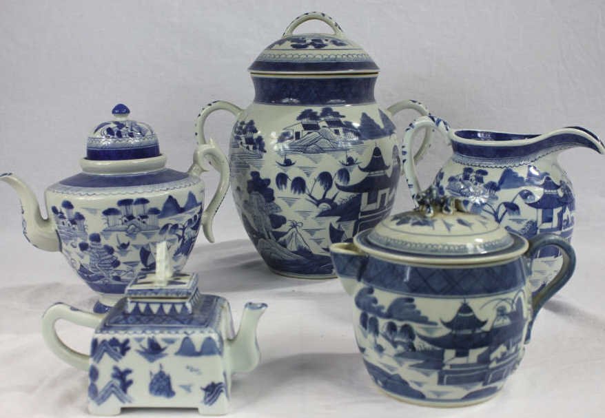 Assorted Chinese Canton Style Porcelain Vessels: Teapots, Coffee Pot, Pitcher, Large Vessel. Large Vessel measures, Height 12.5 inches Width 11 inches.