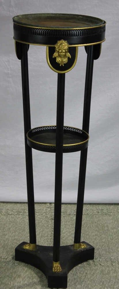 Vintage Empire Style Metal Two Tier Plant Stand: Estate of Warren Dieter Zander. Height 37 inches. Diameter of top 13 inches.