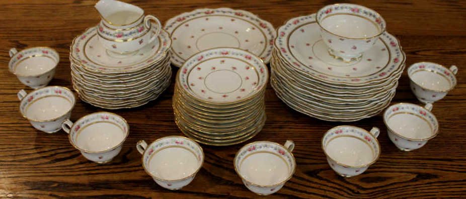 Cauldon England Porcelain Dessert Service: Property of a Mamaroneck NY Estate. 11 Dessert Plates 12 Cake Plates 6 Bowls 8 Teacups Saucers 1 Serving Plate Sugar & Creamer Diameter of Dessert Plate 8.5 inches.