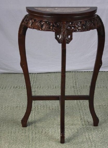 Chinese Style Marble Top Pedestal Demi Lune Table: Property of a Monticello NY Estate. Height 36 inches. Length 20 inches. Width 26.5 inches.
