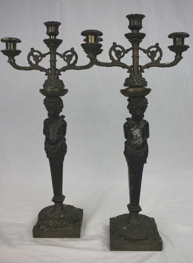 Pair Antique Bronze & Spelter Cherub Candelabras: Property of a Larchmont NY Estate. Height 19.5 inches.