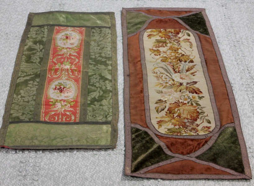 2 Antique Table Runners Needlepoint Velvet & Silk: Larger of the two measures, 17.5 by 51 inches.