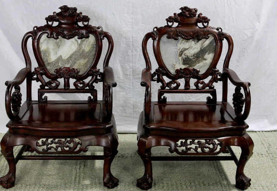 Pair Chinese Export Hardwood & Marble Armchairs: Property of a Monticello NY Estate. Height 38 inches. Width 22 inches. Depth 24 inches.
