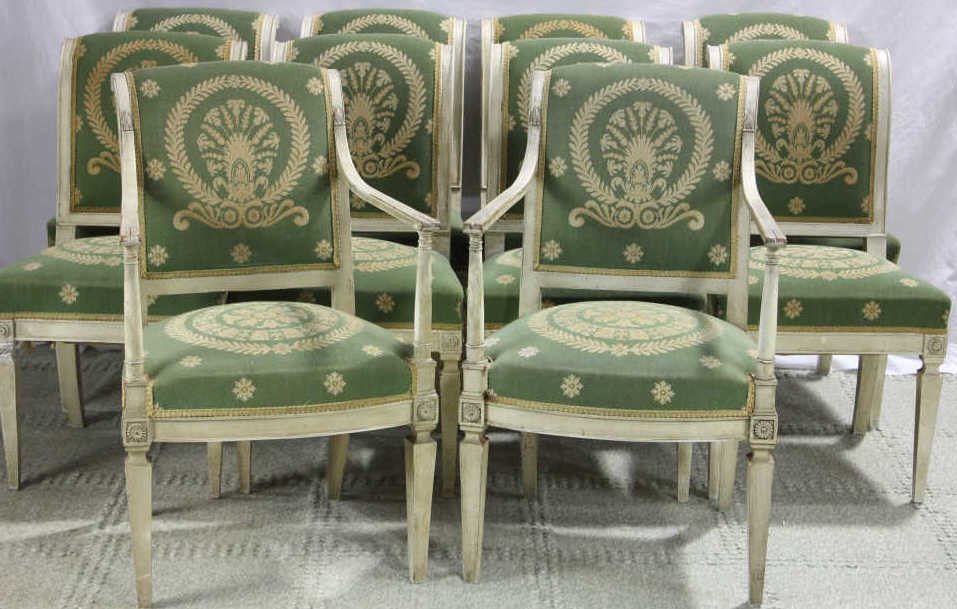10 French Empire Napoleonic Style Chairs: 2 Arm chairs & 8 side chairs, each having custom made upholstered seats & backs. Height of arm chair 36 inches. Width 21 inches. Depth 22 inches. Estate of Warren Dieter Zander.