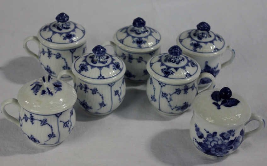 7 Royal Copenhagen Bouillon Cups: Height 3.5 inches. Marked on undersides. Estate of Warren Dieter Zander.